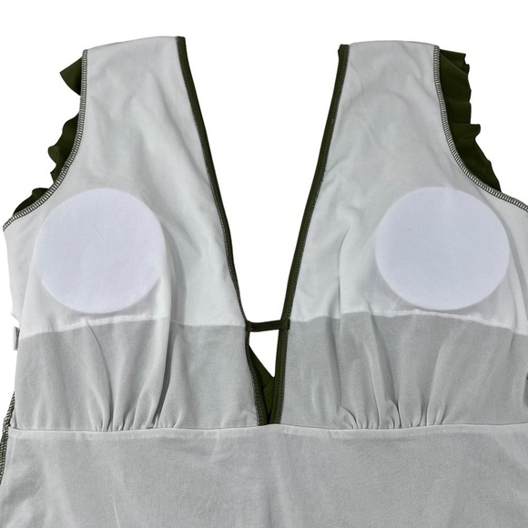 Olive Green One Piece Swim Suit Size 3X Plunging V-Neck Open Back Flutter Sleeve - Picture 10 of 16